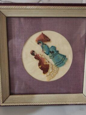 1940s Framed Vintage Cross Stitch Art Two Ladies Umbrella Purple Mat Victorian